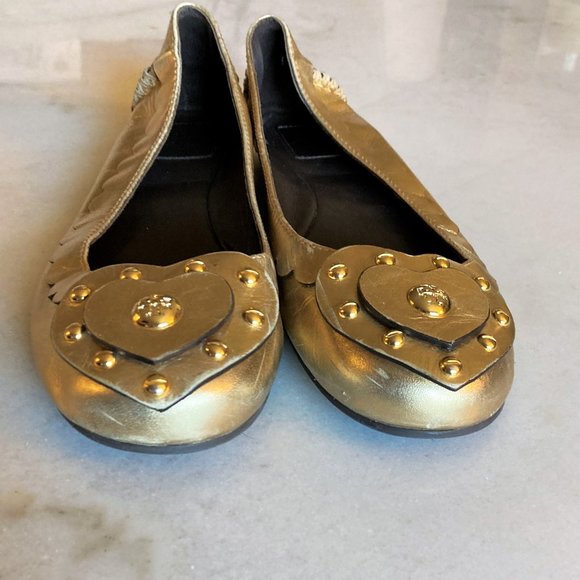 Tory Burch gold leather ballet flat shoes 9M heart / studs, TB logo, metallic - Picture 12 of 12